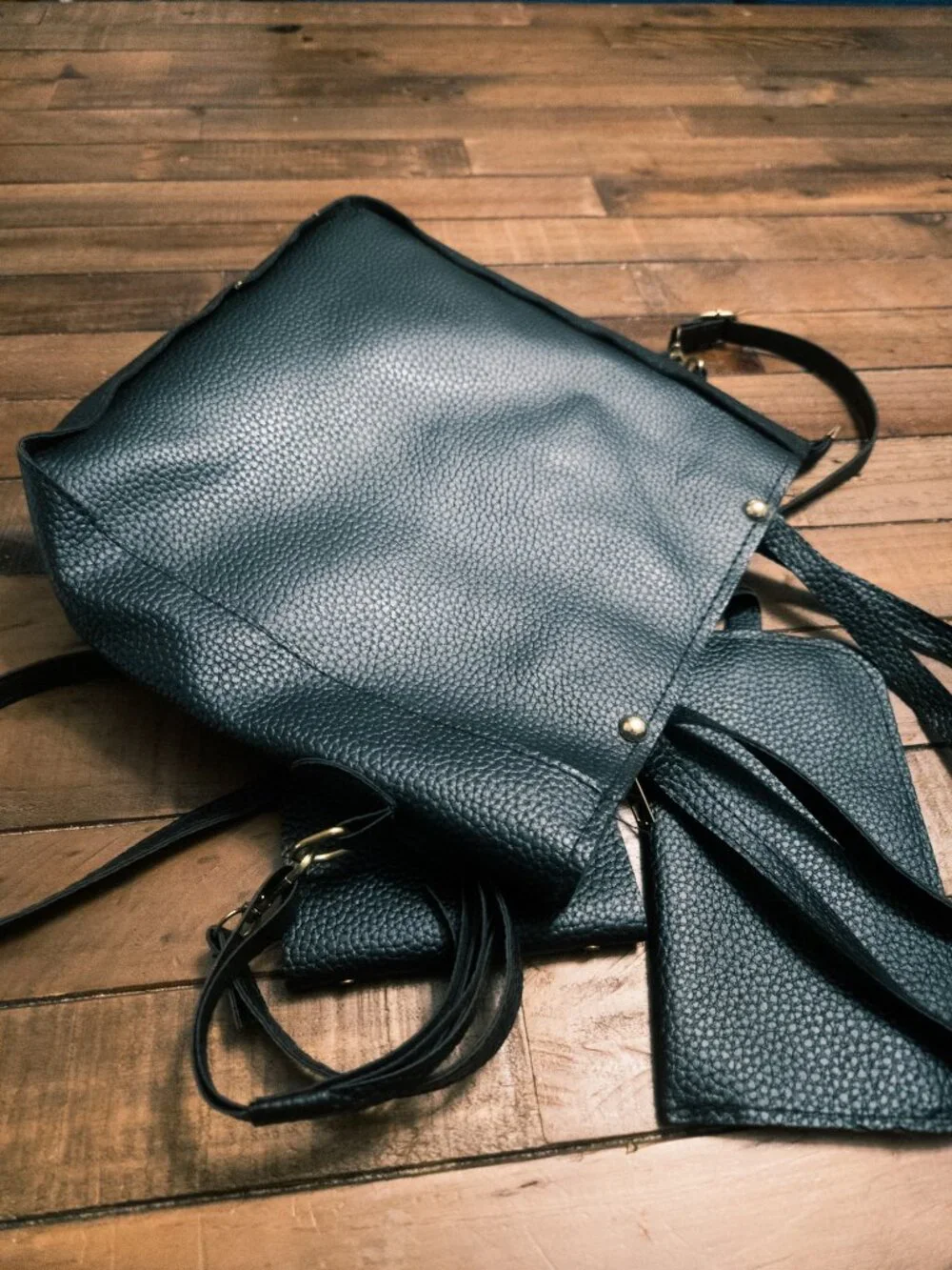 Jingpin 3pc Bag Set Black Pebbled Faux Leather Tote Matching Wallets‎